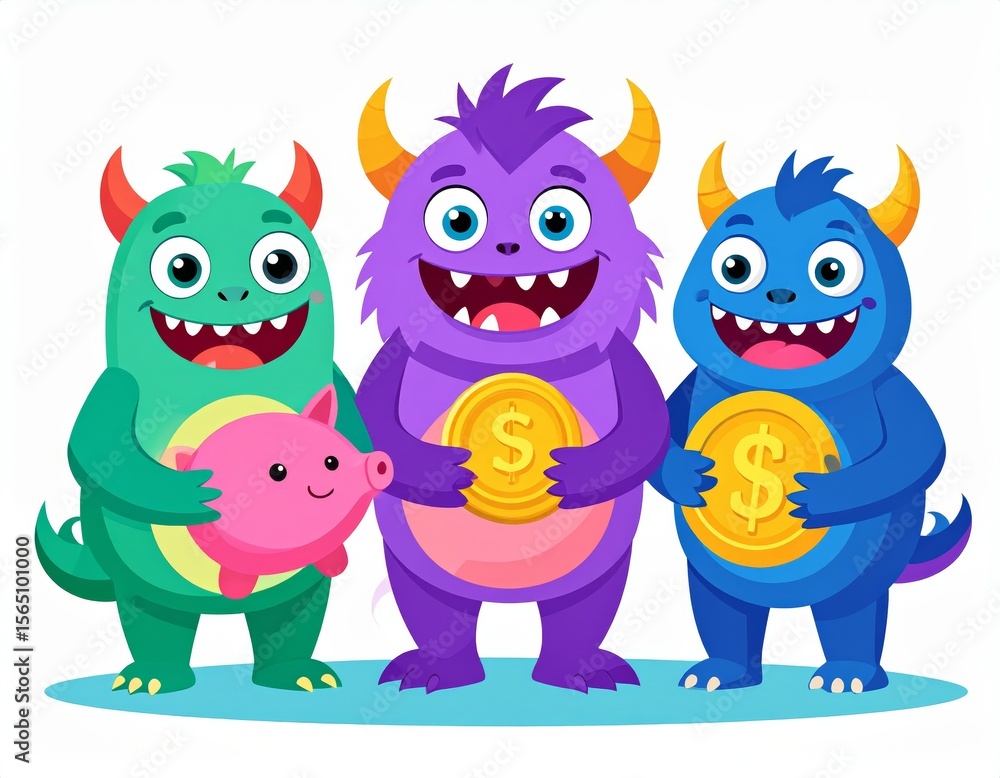 Fototapeta premium Friendly monster characters teaching about money