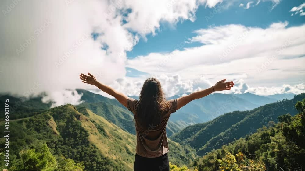 Woman stands on a mountain top with arms outstretched towards cloudy sky, overlooking lush green mountain ranges, feeling free and enjoying nature. Woman stands on a mountain top with arms outstretched towards cloudy sky, overlooking lush green mountain ranges, feeling free and enjoying nature.