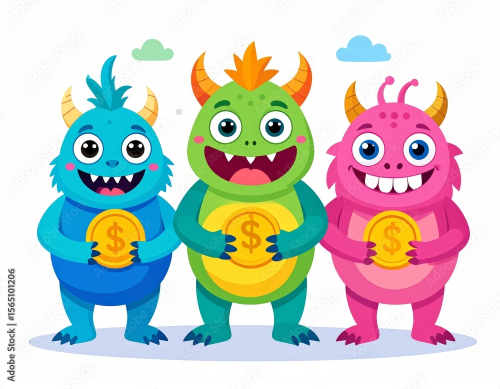 Fototapeta premium Friendly monster characters teaching about money
