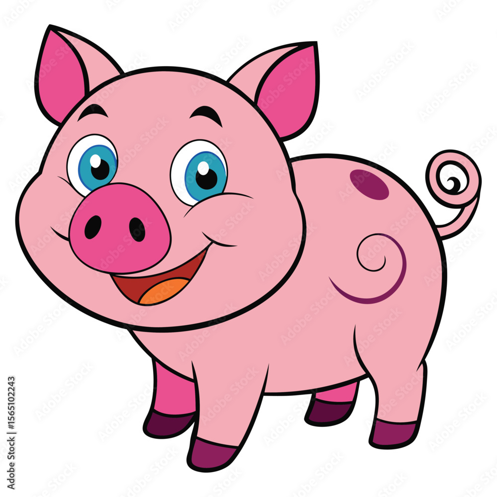 Naklejka premium Happy Cartoon Pig with a Curly Tail