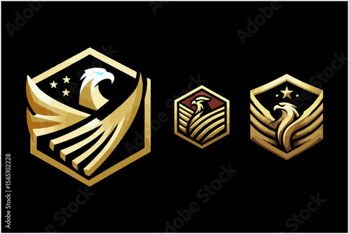 This is a gold eagle logo inside a shield, suitable for use in designing gaming company logos, soccer teams, jersey logos, sports teams, flags, softcases, cellphone casings,