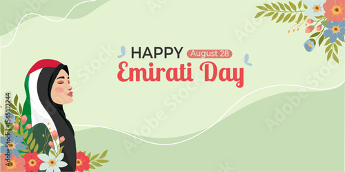 Happy emirati Day banner with beautiful woman wearing hijab ,flag. 28 august vector banner template Perfect for social media, banner, header, print, promo, web