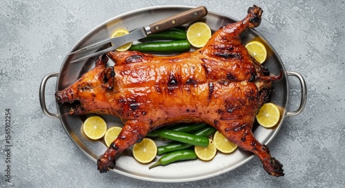 Roasted Suckling Pig Platter - A succulent, barbecued suckling pig, glistening with a crispy glaze, rests on a platter surrounded by lemon slices and chili peppers.