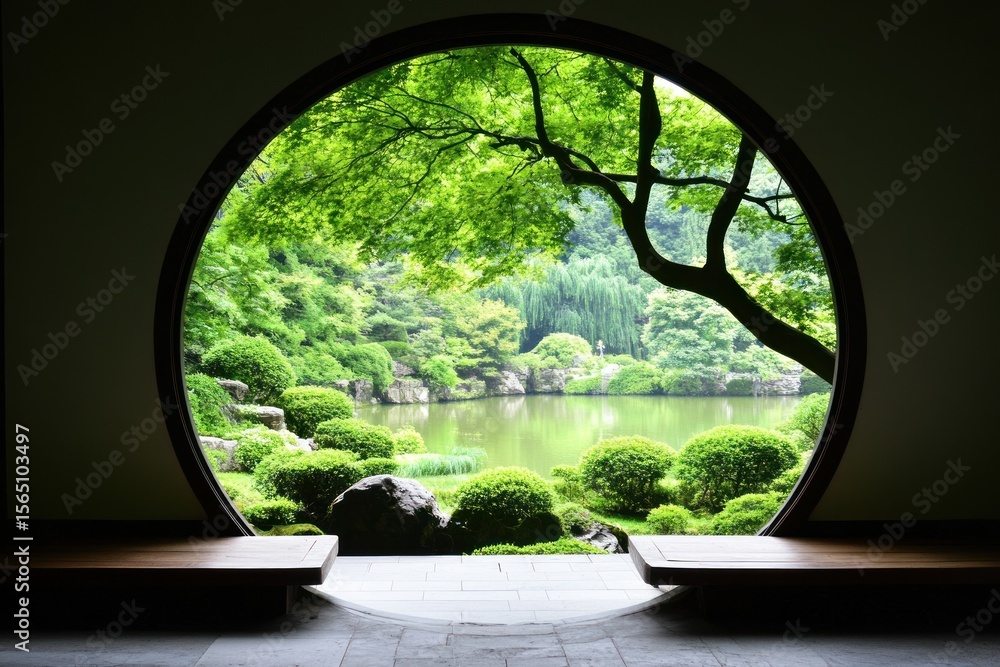 Fototapeta premium Serene Zen Garden Vista: Circular Window Framing Lush Greenery, Tranquil Pond