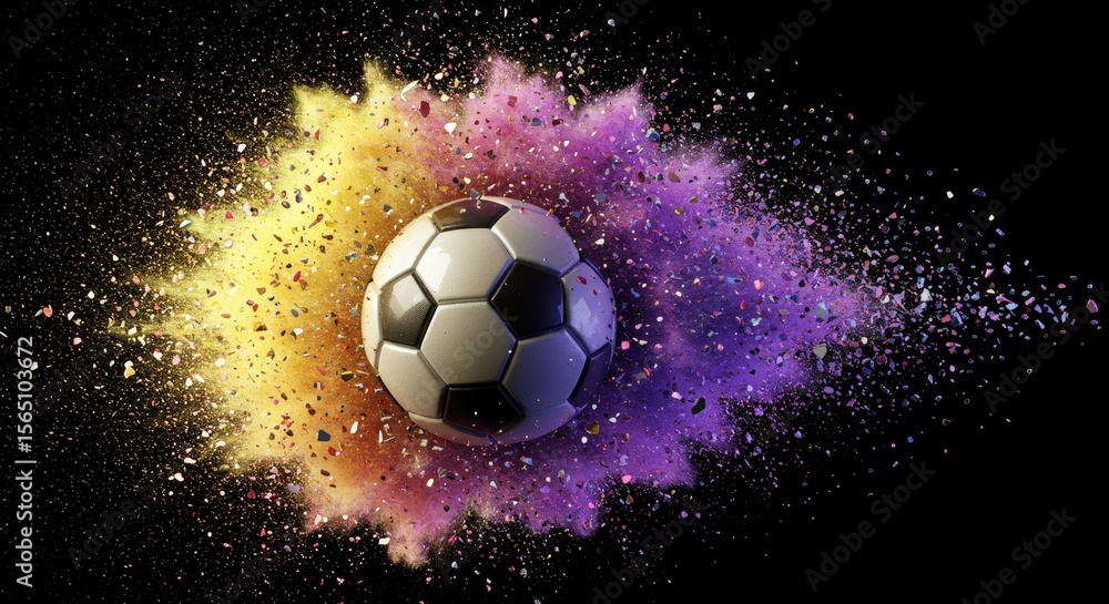 Naklejka premium Soccer Ball Energy Burst - A vibrant soccer ball explodes in a burst of colorful energy, symbolizing excitement, power, victory, speed, and dynamism
