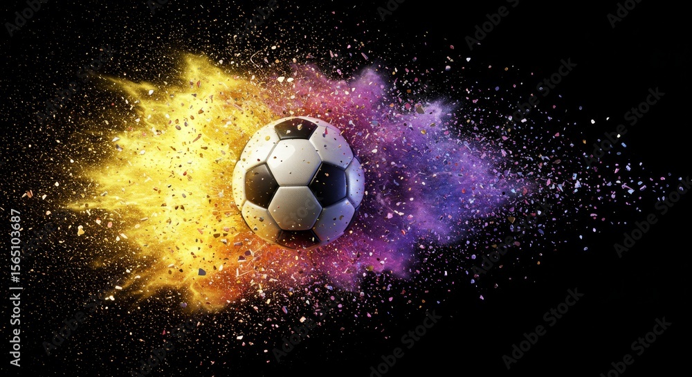 Naklejka premium Soccer Ball Energy Explosion - A vibrant soccer ball explodes in a burst of colorful energy, symbolizing power, excitement, speed, victory, and passion