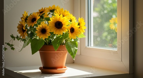 Sunflowers in Terracotta Pot on Windowsill - Vibrant sunflowers in a terracotta pot brighten a sunlit windowsill, creating a cheerful and natural scene