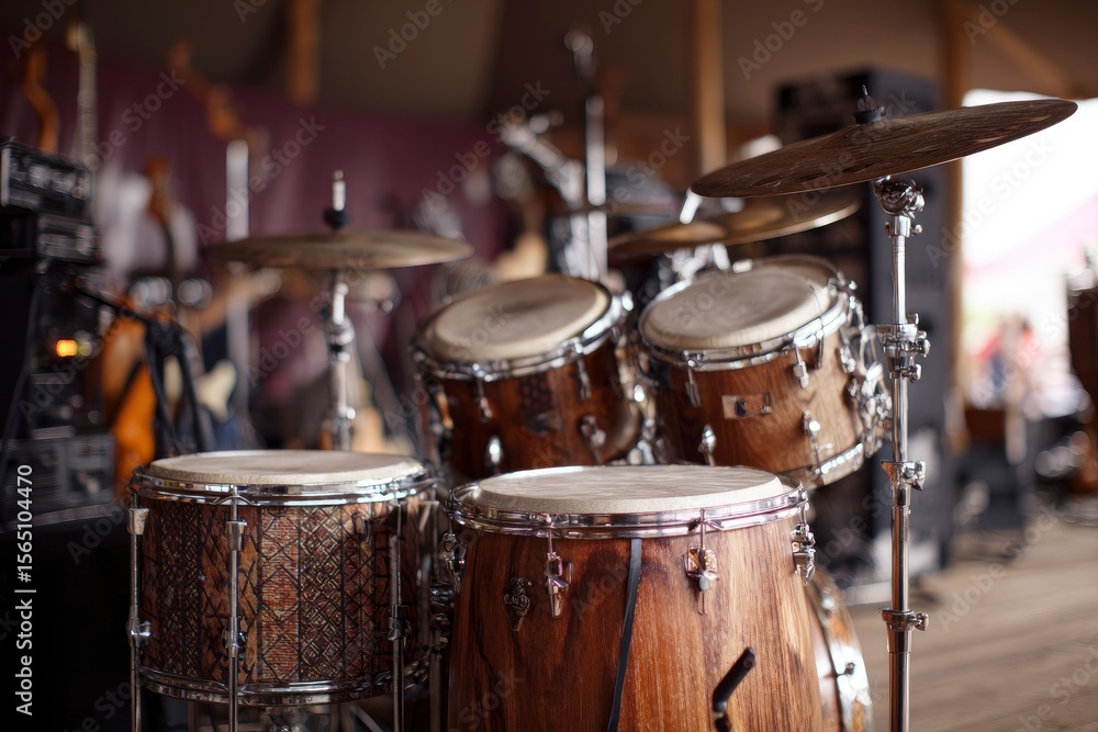 A drum set featuring a crash cymbal and several drums with different wood finishes positioned on a stage A drum set featuring a crash cymbal and several drums with different wood finishes positioned on a stage