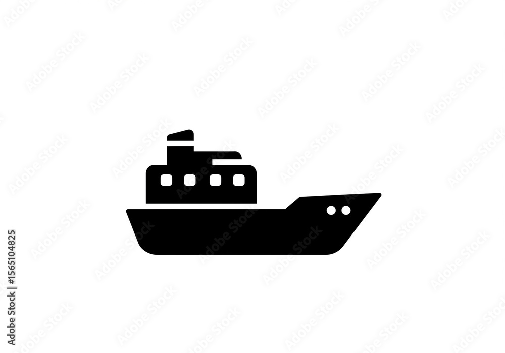 A simple black silhouette of a ship with a cabin on a white background in a side view angle A simple black silhouette of a ship with a cabin on a white background in a side view angle