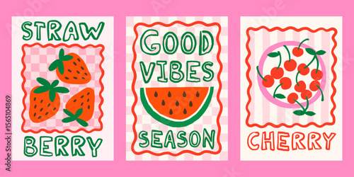 Summer fruits and berries vector posters set. Bright tropical juicy print designs with strawberry, cherry, watermelon illustrations in whimsical frames
