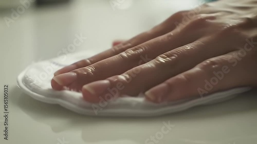 Wallpaper Mural Hand touching white cream in decorative dish on shiny surface Torontodigital.ca