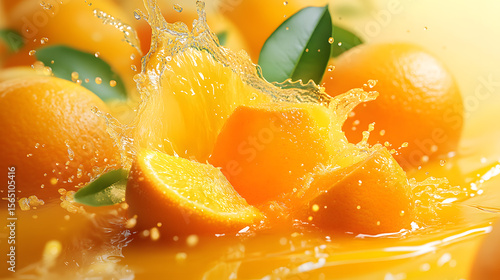 Fresh oranges and juice splash with water droplets and green leaves