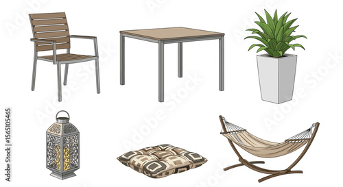 Illustration of patio furniture including a chair table plant lantern cushion and a hammock stand set up
