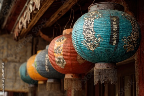 Wallpaper Mural A row of colorful patterned Asian lanterns hangs under a weathered wooden structure Torontodigital.ca