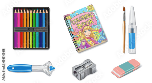 Illustration of a coloring book, colored pencils, paintbrushes, and other art supplies on a white background
