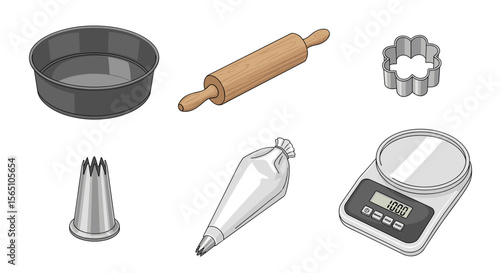 Illustration of baking tools including cake pan rolling pin cookie cutter piping bag and kitchen scale tool