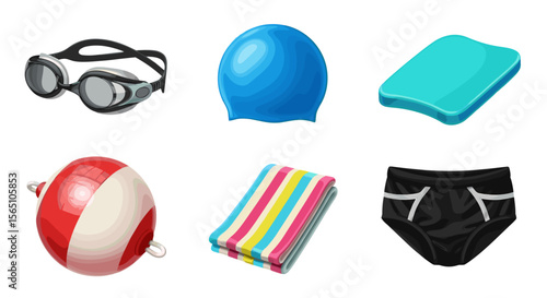 Illustration of swimming accessories including goggles cap kickboard buoy towel and swimsuit item set