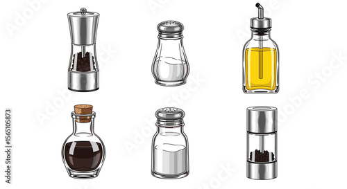 Illustration of salt and pepper shakers and oil and vinegar bottles arranged on a white background