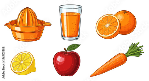 Illustration showing a juicer, glass of juice, oranges, lemon, apple and carrot on a white background