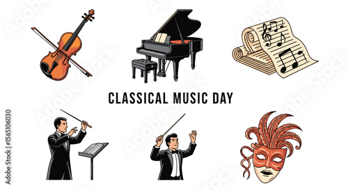 Illustration of classical music day with instruments conductor and mask in a festive setting