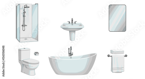 Illustration of a bathroom setup including a shower toilet sink bathtub mirror and towel rack items