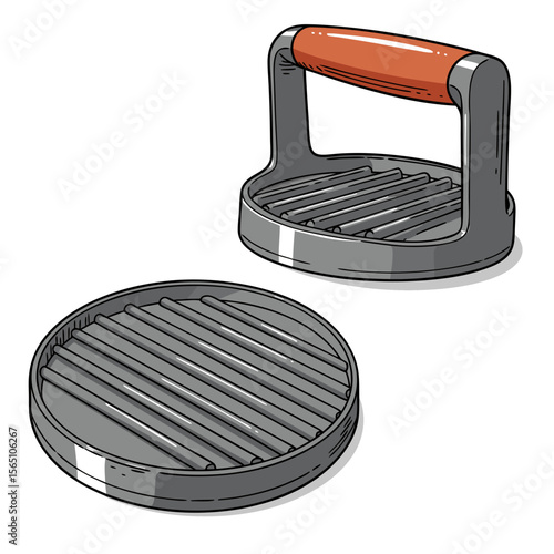 Grilling press tool with wooden handle on white background  