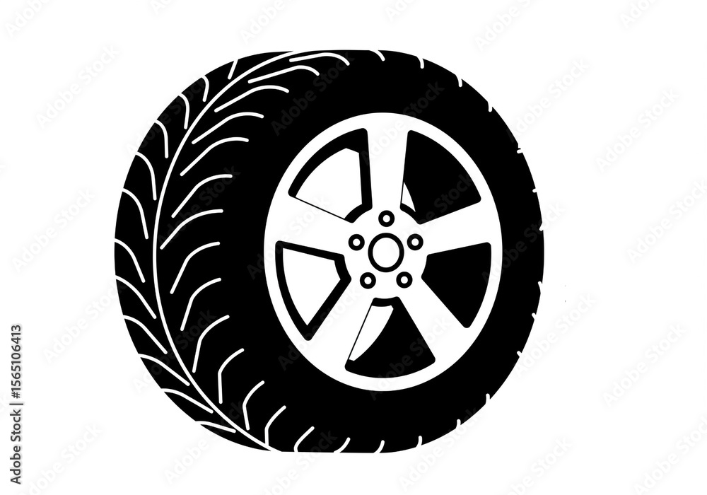 Fototapeta premium A black and white illustration of a tire with a five spoke rim on a white background design element