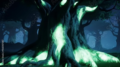 Glowing roots & branches of a massive tree in a dark, stylized forest at twilight