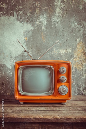 An orange vintage television stands on a wooden surface set against a mottled wall