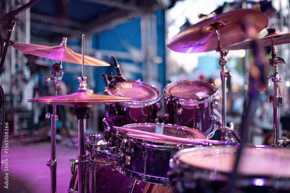 Fototapeta premium Closeup shot of a drum set illuminated with purple and pink lighting on what seems like a concert stage