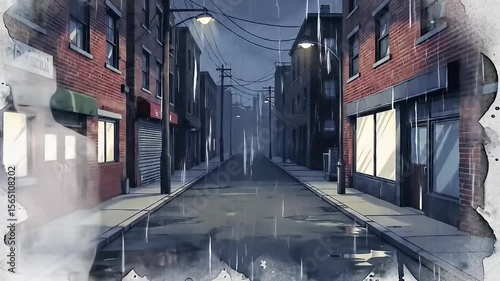 Spectral figure walking down wet, urban street on rainy day, painterly style