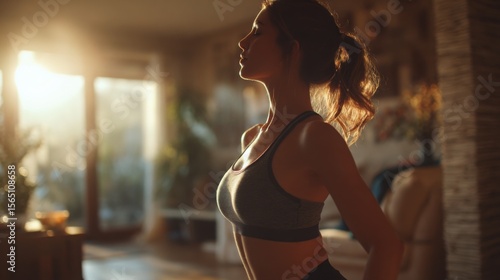 Cinematic, high-res, realistic shot of a serene woman doing morning yoga in a sunlit living room. Blurred, cozy home background. Sharp focus, healthy lifestyle.