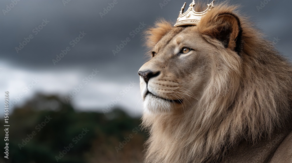 Fototapeta premium Majestic lion king wearing a golden crown
