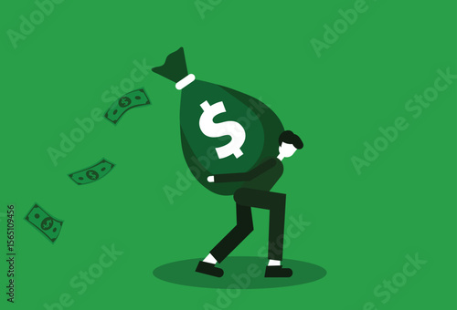 man carrying a big bag of money. man who is tired and struggling to carry a bag of money. paying bills. minimalist character vector design about business
