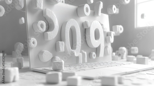 White laptop with numbers and symbols floating around it