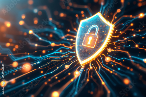 Glowing shield with lock symbol representing cybersecurity and data protection, surrounded by digital lines and glowing points, conveying security in digital technology