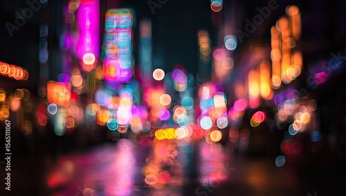 Fototapeta Naklejka Na Ścianę i Meble -  Blurred vibrant night city lights reflecting on wet pavement