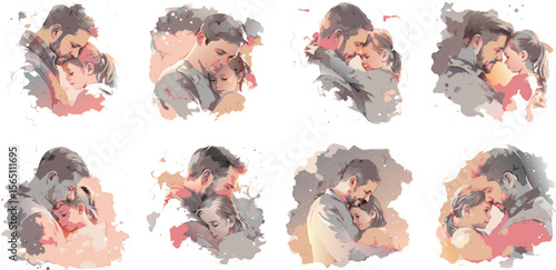 Heartwarming watercolor illustrations of a father and daughter embracing tenderly.