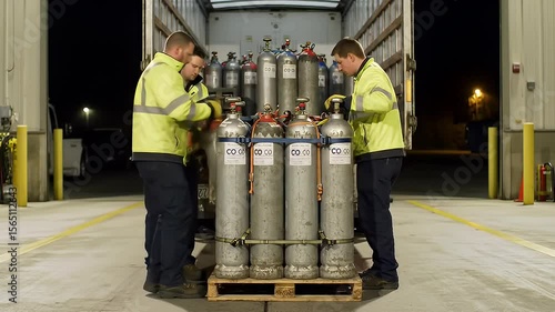 Workers load gas cylinders onto a delivery truck in a loading dock at night