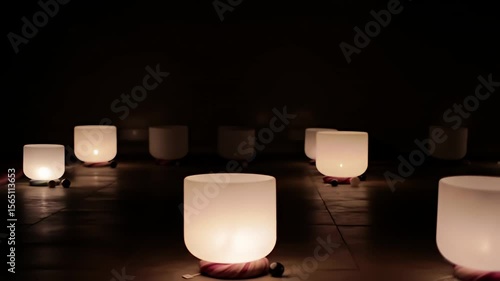 Softly illuminated white crystal bowls arranged in a dark space on wood floor