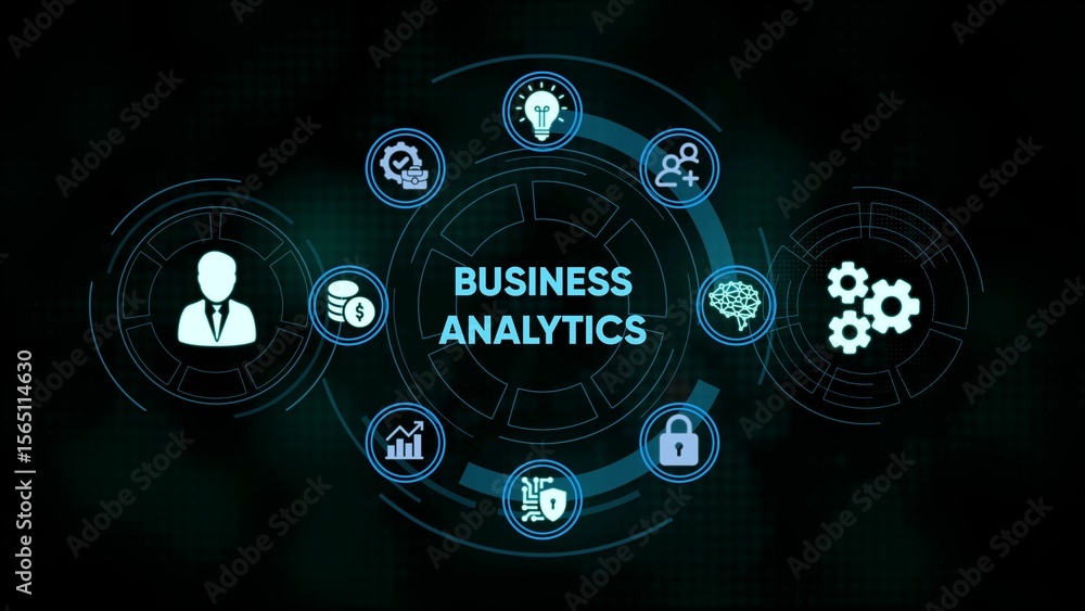 Obraz premium Digital business analytics concept with icons representing data analysis and strategy