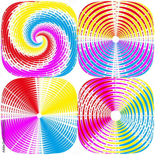 Rainbow swirl patterns. Colorful spiral vector. Vibrant rotation collection. Psychedelic whirl designs.