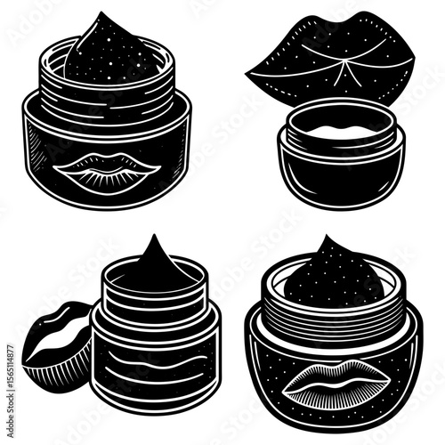 Illustration of four lip scrub containers with lips in black and white style drawing art