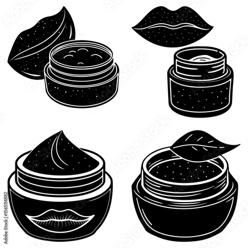 Illustration of four lip care products including scrubs and balms in black and white style art