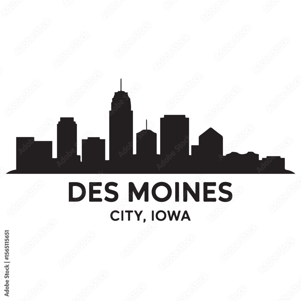 Fototapeta premium Des moines skyline horizontal banner. Des moines City, Iowa. Vector template for your design.Vector black silhouette. with white background