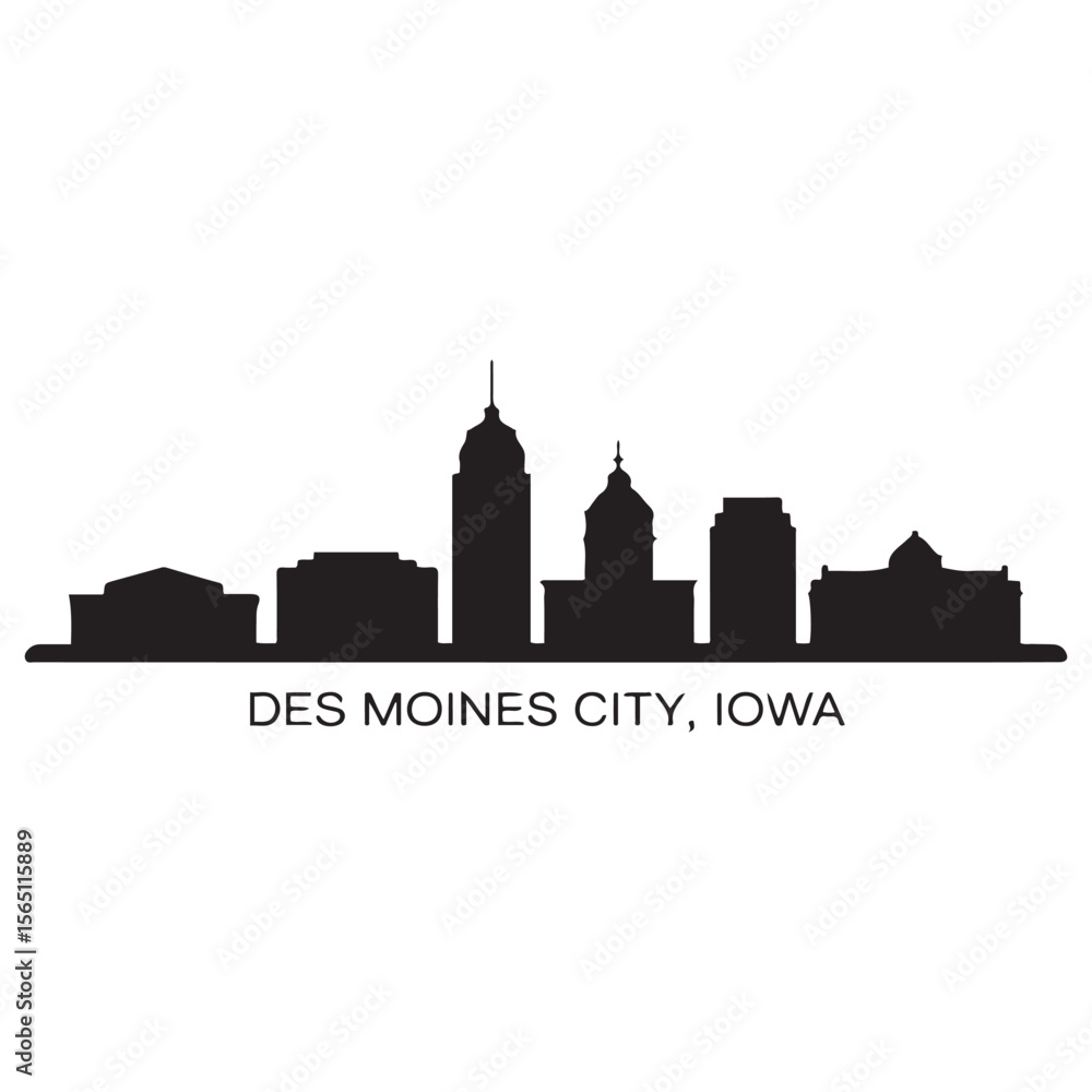 Fototapeta premium Des moines skyline horizontal banner. Des moines City, Iowa. Vector template for your design.Vector black silhouette. with white background