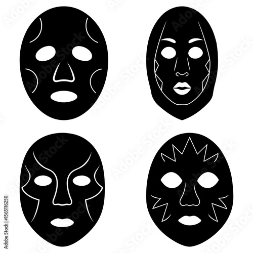 Illustration of four black and white tribal masks with different designs and facial features shown
