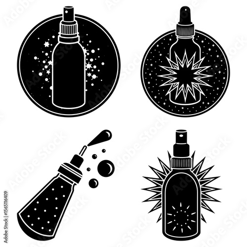 Four black and white illustrations of bottles with spray nozzles and dropper designs in various styles