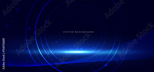 Technology futuristic blue circles lines glowing with wave lines on dark blue background.