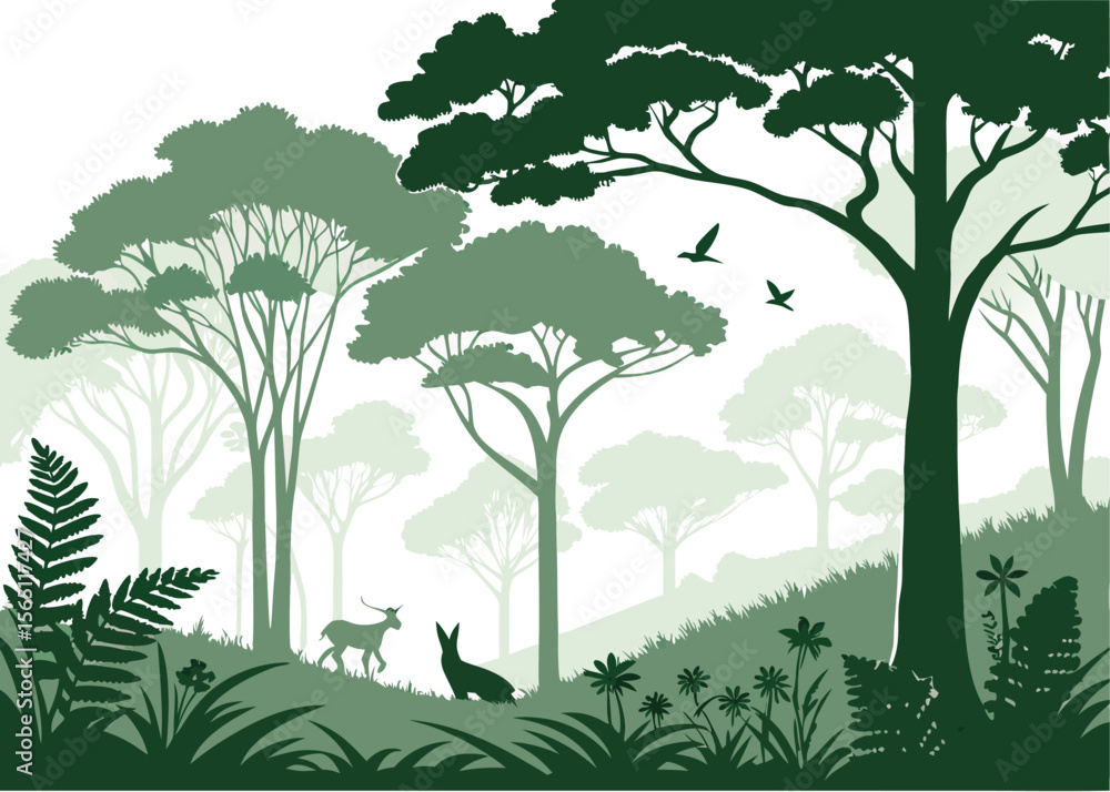 Obraz premium Tranquil wilderness – natural forest vector illustration with trees, foliage, and peaceful atmosphere